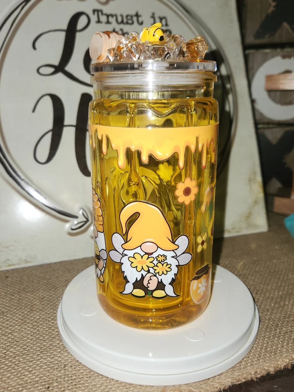 Bee & Honey Glitter Tumbler Duo — Yellow Floral Gnome Accent